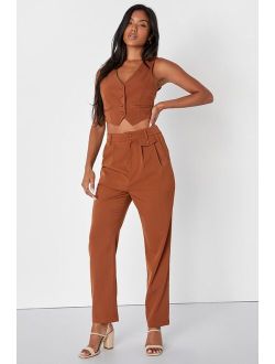 Hot Pur-suit Rust Brown Twill High Waisted Straight Leg Pants