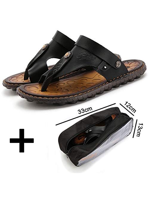 OHCHSH Mens Sandals Flip Flops for Men Shoes with Toe Ring Casual Summer Leather Black