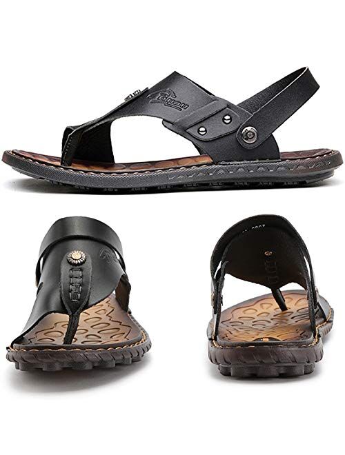 OHCHSH Mens Sandals Flip Flops for Men Shoes with Toe Ring Casual Summer Leather Black