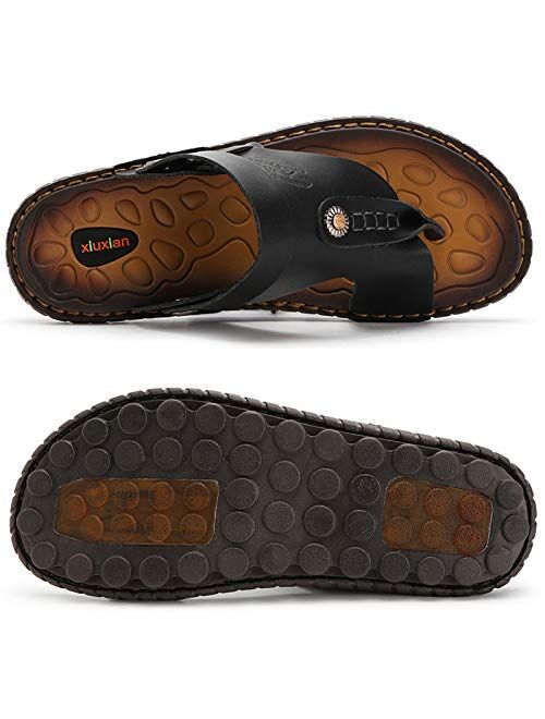 OHCHSH Mens Sandals Flip Flops for Men Shoes with Toe Ring Casual Summer Leather Black