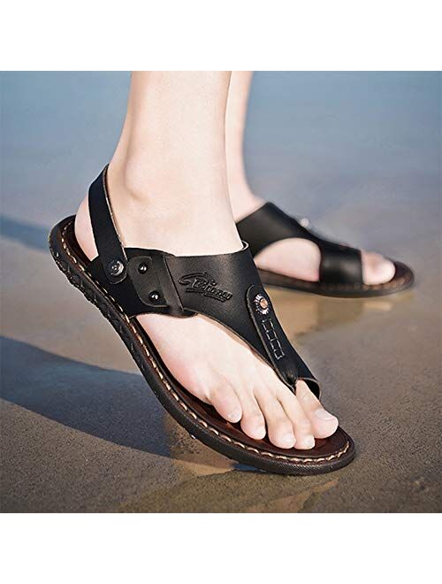 OHCHSH Mens Sandals Flip Flops for Men Shoes with Toe Ring Casual Summer Leather Black