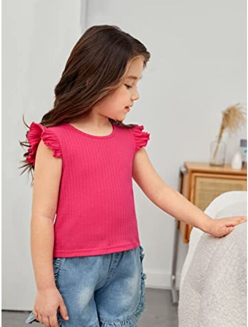 WDIRARA Toddler Girl's Ribbed Ruffle Trim Round Neck Casual Summer Cute Tank Top