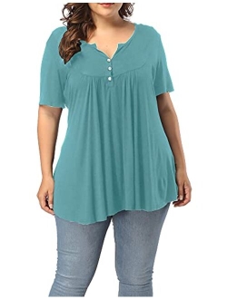 ALLEGRACE Women's Plus Size Henley V Neck Button Up Tunic Tops Casual Short Sleeve Ruffle Blouse Shirts