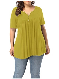 ALLEGRACE Women's Plus Size Henley V Neck Button Up Tunic Tops Casual Short Sleeve Ruffle Blouse Shirts