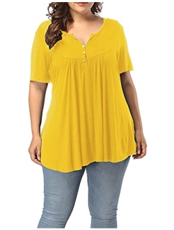 ALLEGRACE Women's Plus Size Henley V Neck Button Up Tunic Tops Casual Short Sleeve Ruffle Blouse Shirts