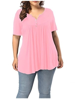 ALLEGRACE Women's Plus Size Henley V Neck Button Up Tunic Tops Casual Short Sleeve Ruffle Blouse Shirts