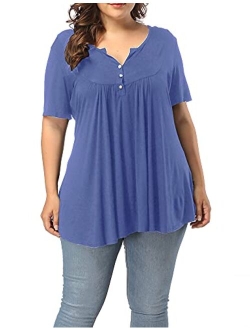 ALLEGRACE Women's Plus Size Henley V Neck Button Up Tunic Tops Casual Short Sleeve Ruffle Blouse Shirts