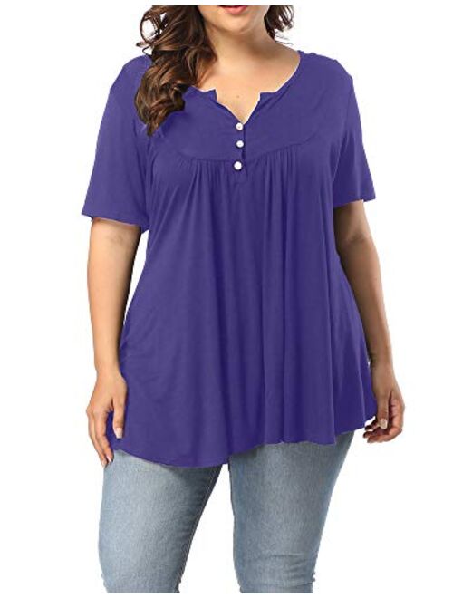 ALLEGRACE Women's Plus Size Henley V Neck Button Up Tunic Tops Casual Short Sleeve Ruffle Blouse Shirts