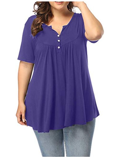 ALLEGRACE Women's Plus Size Henley V Neck Button Up Tunic Tops Casual Short Sleeve Ruffle Blouse Shirts