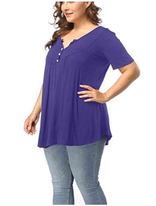 ALLEGRACE Women's Plus Size Henley V Neck Button Up Tunic Tops Casual Short Sleeve Ruffle Blouse Shirts