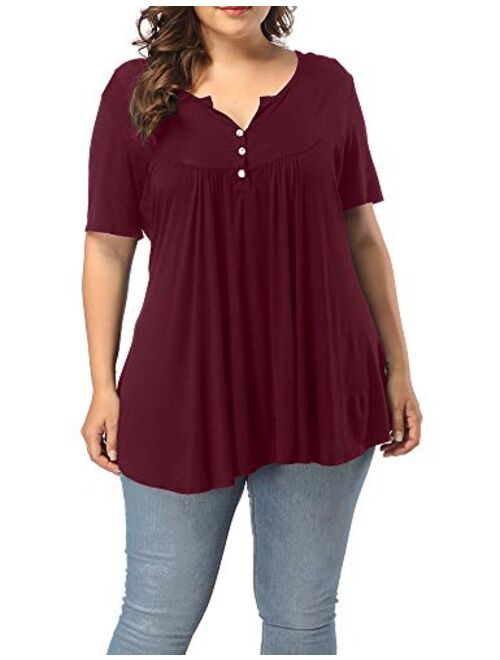 ALLEGRACE Women's Plus Size Henley V Neck Button Up Tunic Tops Casual Short Sleeve Ruffle Blouse Shirts