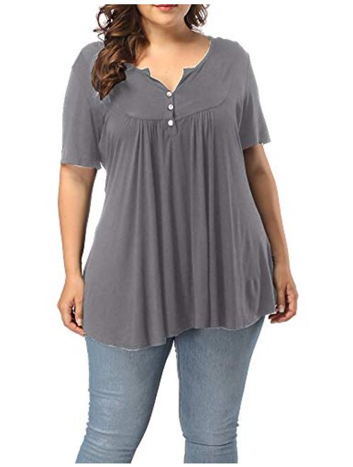 ALLEGRACE Women's Plus Size Henley V Neck Button Up Tunic Tops Casual Short Sleeve Ruffle Blouse Shirts