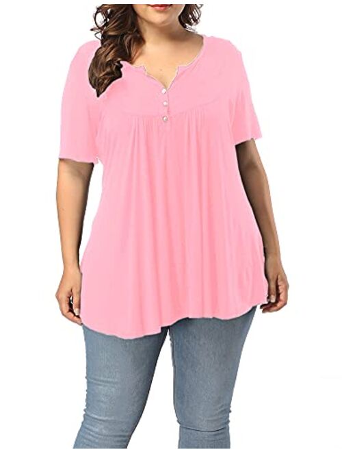 ALLEGRACE Women's Plus Size Henley V Neck Button Up Tunic Tops Casual Short Sleeve Ruffle Blouse Shirts