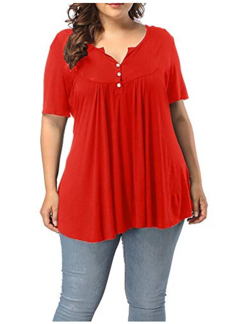 ALLEGRACE Women's Plus Size Henley V Neck Button Up Tunic Tops Casual Short Sleeve Ruffle Blouse Shirts