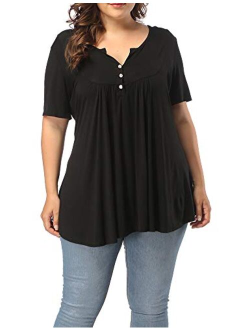 ALLEGRACE Women's Plus Size Henley V Neck Button Up Tunic Tops Casual Short Sleeve Ruffle Blouse Shirts