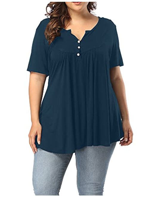 ALLEGRACE Women's Plus Size Henley V Neck Button Up Tunic Tops Casual Short Sleeve Ruffle Blouse Shirts