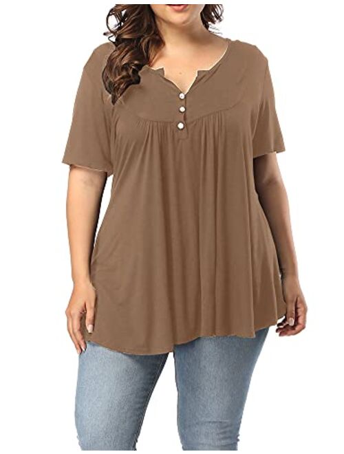 ALLEGRACE Women's Plus Size Henley V Neck Button Up Tunic Tops Casual Short Sleeve Ruffle Blouse Shirts