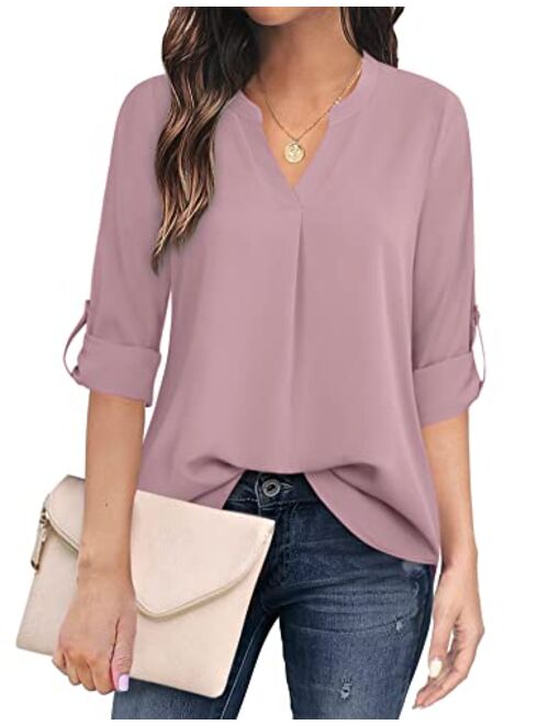 Timeson Women's Casual Chiffon V Neck 3/4 Sleeve Blouse Tops