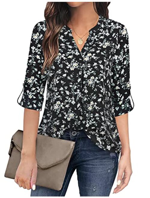 Timeson Women's Casual Chiffon V Neck 3/4 Sleeve Blouse Tops