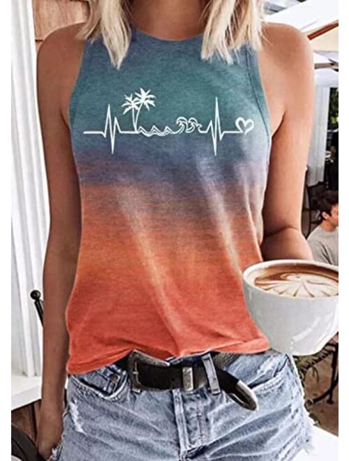 Kbldzht Sun Salt Sand Beach Coconut Tree Tank Tops for Women Summer Sleeveless Graphic Tanks Camis Girls Trip Vacation Tees