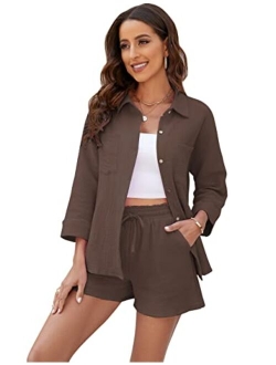 PEHMEA Women's 2 Piece Outfits Lounge Sets Cotton Long Sleeve Button Down Shirts High Waist Shorts Set