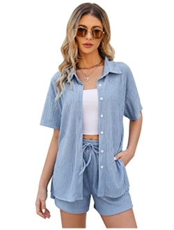 Rousytn Women's 2 Piece Summer Lounge Set Short Sleeve Button Down Shirt Drawstring Shorts Casual Outfits