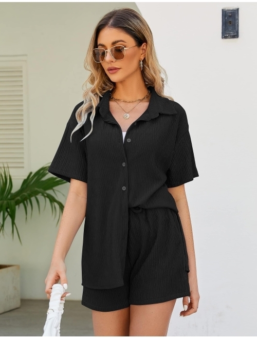 Rousytn Women's 2 Piece Summer Lounge Set Short Sleeve Button Down Shirt Drawstring Shorts Casual Outfits