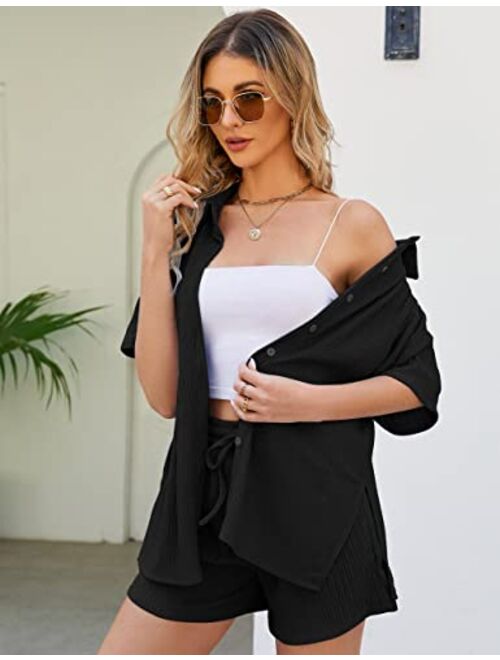 Rousytn Women's 2 Piece Summer Lounge Set Short Sleeve Button Down Shirt Drawstring Shorts Casual Outfits