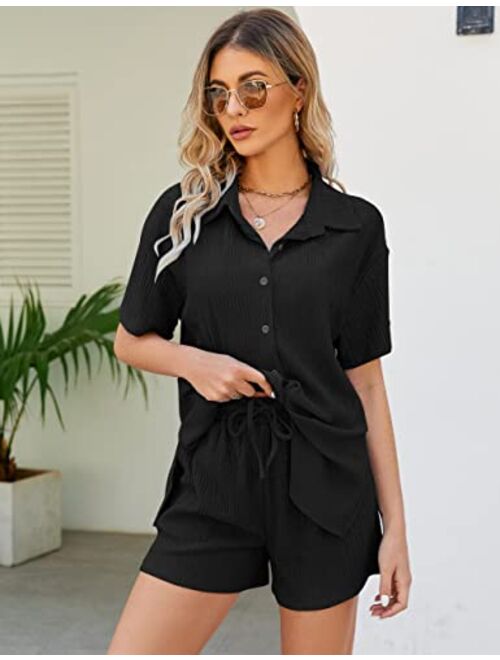 Rousytn Women's 2 Piece Summer Lounge Set Short Sleeve Button Down Shirt Drawstring Shorts Casual Outfits