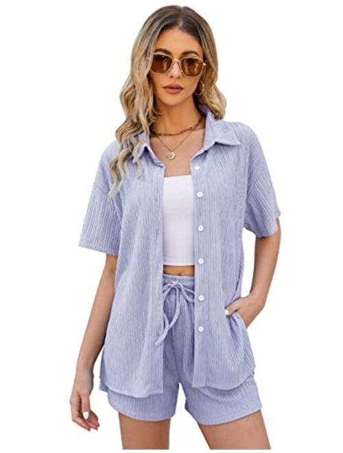 Rousytn Women's 2 Piece Summer Lounge Set Short Sleeve Button Down Shirt Drawstring Shorts Casual Outfits