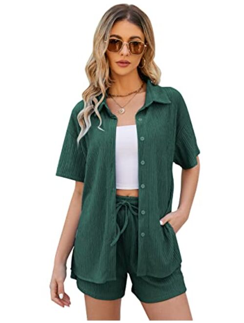 Rousytn Women's 2 Piece Summer Lounge Set Short Sleeve Button Down Shirt Drawstring Shorts Casual Outfits