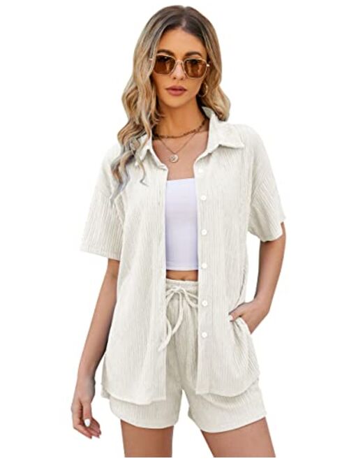 Rousytn Women's 2 Piece Summer Lounge Set Short Sleeve Button Down Shirt Drawstring Shorts Casual Outfits