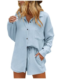 Womens Button Down Lounge Sets Long Sleeve Shirts and Shorts 2 Piece Outfit Set Casual Loungewear with Pockets S-XXL