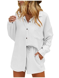 Womens Button Down Lounge Sets Long Sleeve Shirts and Shorts 2 Piece Outfit Set Casual Loungewear with Pockets S-XXL