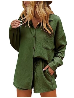 Womens Button Down Lounge Sets Long Sleeve Shirts and Shorts 2 Piece Outfit Set Casual Loungewear with Pockets S-XXL