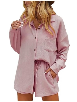 Womens Button Down Lounge Sets Long Sleeve Shirts and Shorts 2 Piece Outfit Set Casual Loungewear with Pockets S-XXL