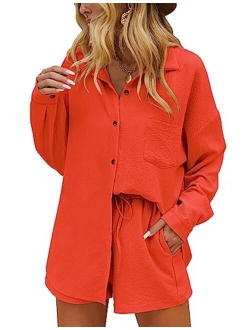 Womens Button Down Lounge Sets Long Sleeve Shirts and Shorts 2 Piece Outfit Set Casual Loungewear with Pockets S-XXL