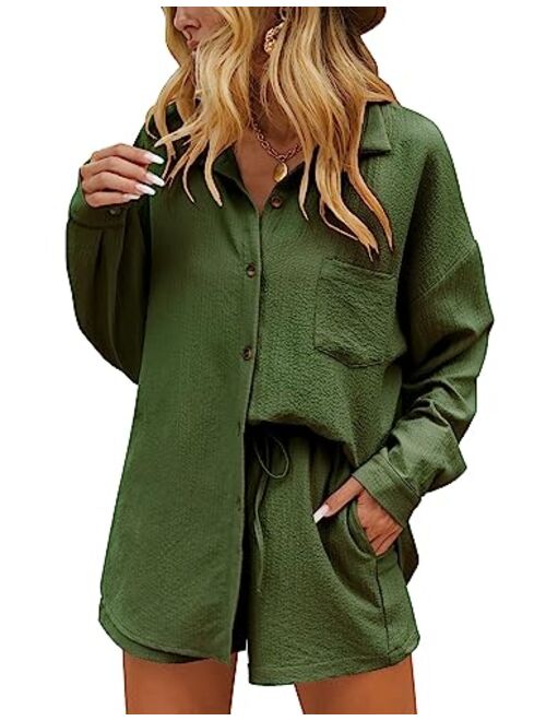 Ekouaer Womens Button Down Lounge Sets Long Sleeve Shirts and Shorts 2 Piece Outfit Set Casual Loungewear with Pockets S-XXL