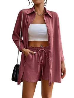 Aoulaydo Womens 2 Piece Lounge Tracksuit Outfit Set Summer Botton Down Long Sleeve Shirt with Short Set Casual Matching Set