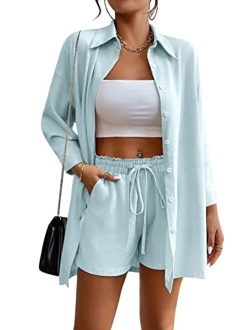 Aoulaydo Womens 2 Piece Lounge Tracksuit Outfit Set Summer Botton Down Long Sleeve Shirt with Short Set Casual Matching Set