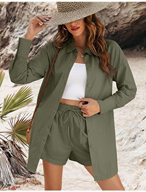 Aoulaydo Womens 2 Piece Lounge Tracksuit Outfit Set Summer Botton Down Long Sleeve Shirt with Short Set Casual Matching Set