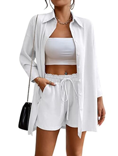 Aoulaydo Womens 2 Piece Lounge Tracksuit Outfit Set Summer Botton Down Long Sleeve Shirt with Short Set Casual Matching Set