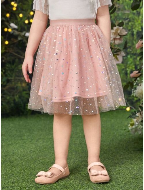 SHEIN Toddler Girls Sequins Mesh Overlay Skirt