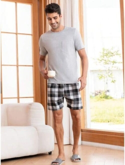 Men Plaid Print Patched Pocket PJ Set