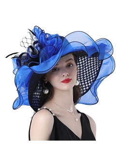 Go Mai Ladies Sun Hat with Mesh Flower Decoration Wide Brim Hat Occasion Event Organza Fancy Church Dress Hat