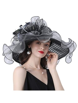 Go Mai Ladies Sun Hat with Mesh Flower Decoration Wide Brim Hat Occasion Event Organza Fancy Church Dress Hat