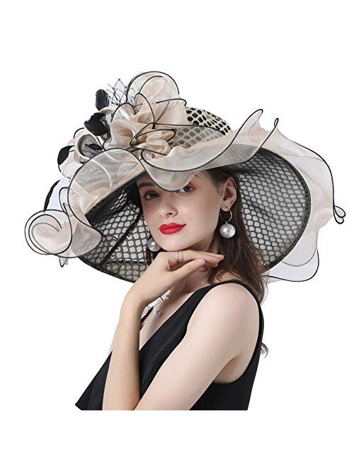 Go Mai Ladies Sun Hat with Mesh Flower Decoration Wide Brim Hat Occasion Event Organza Fancy Church Dress Hat