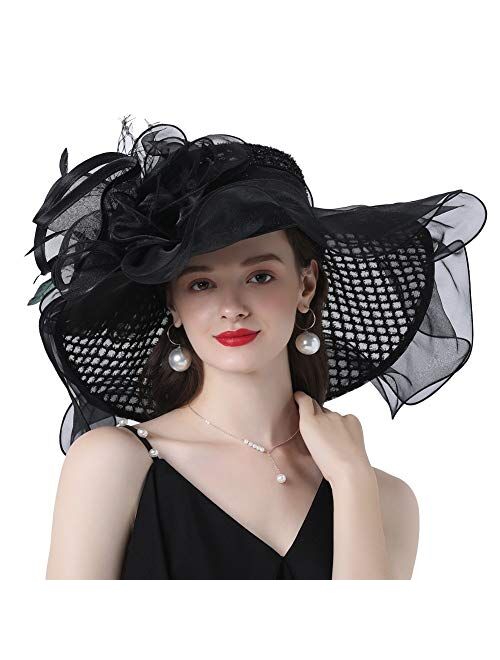 Go Mai Ladies Sun Hat with Mesh Flower Decoration Wide Brim Hat Occasion Event Organza Fancy Church Dress Hat