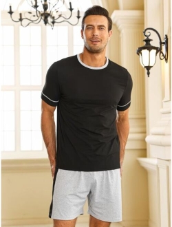 Men Contrast Trim Tee & Shorts PJ Set