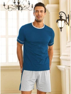 Men Contrast Trim Tee & Shorts PJ Set